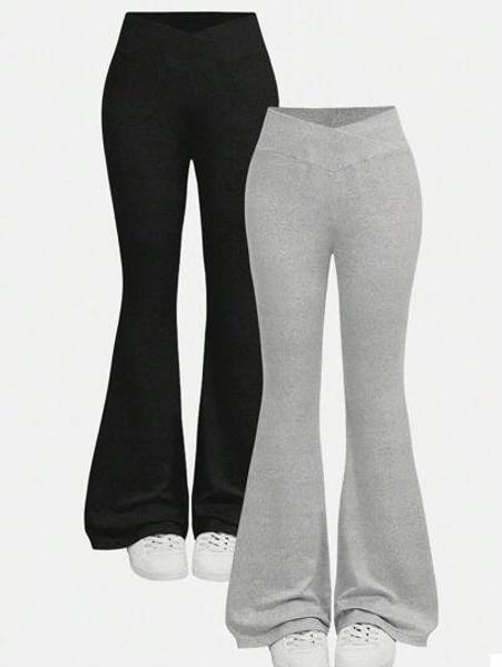 Girlism Teen Girl 2pcs Basic Mid-Calf Flare Pants, Black & Gray Waistband Criss-Cross Design Skinny Casual Flare Pants , Fall, Halloween, Glowmode, Holiday, Back To School, First Day Of School Winter