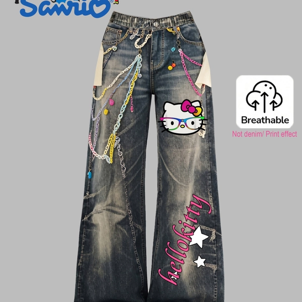 Pantalones largos para niña SANRIO , pantalones de gato bonitos, no de mezclilla/efecto estampado, estilo Y2K, adorable estampado de un gato con pajarita y gafas, un estampado que les encanta a las niñas, aptos para exteriores, a la moda, de moda, suaves y cómodos, una elección perfecta, el regalo
