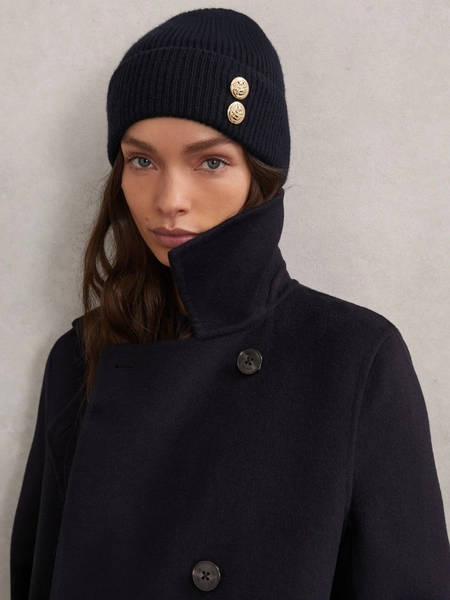 Reiss Navy Bianca Merino Wool Blend Button Beanie With Cashmere