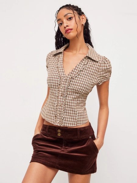 Cotton V-neck Check Button Short Sleeve Blouse