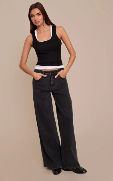 Washed Black Mid Rise Stretch Wide Leg Jeans