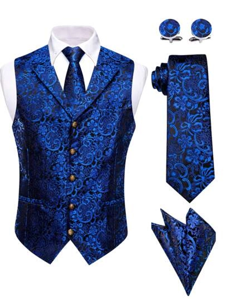 Men's Jacquard Vest Suit Set (Includes Tie, Cuff, Handkerchief)- Elegant Tuxedo Waistcoat For Weddings, Homecoming, Cruise & Formal Events | Dress Vest Jacket With Jacquard Pattern
