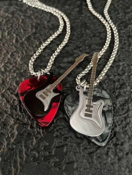 1pc Punk Rock Guitar Pick Stainless Steel Pendant Necklace - Unique Hip-Hop Couples Jewelry, Nightclub & Everyday Accessory For Men & Women