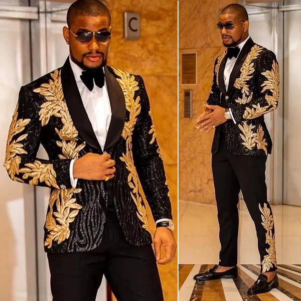 2 Pieces Slim Fit Men's Shiny Sequins Gold Applique Suits Prom Tuxedos Grooms Jacket For Wedding Party Suits Set  Blazer+Pants - AliExpress 200000343
