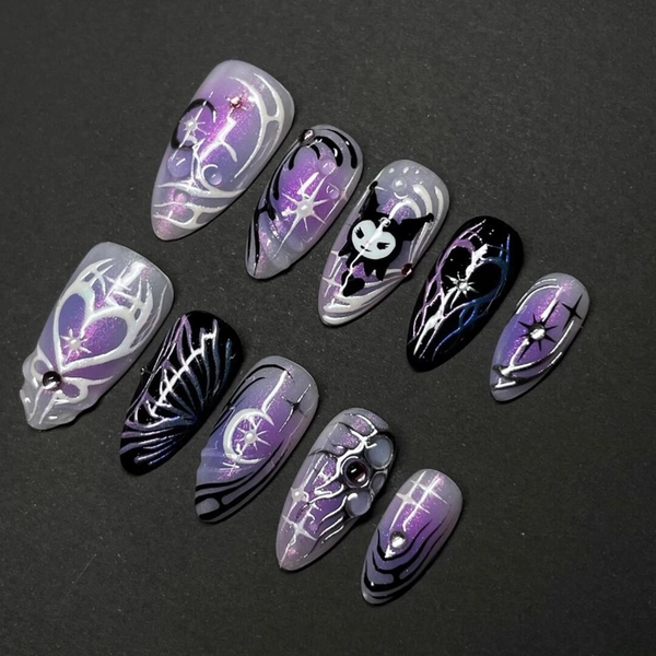 Handmade Gothic Anime Press on Nails | Kuromi Character, Spider Web & Heart Designs, Purple Gradient Chrome | Almond Nails for Kawaii Looks - Etsy