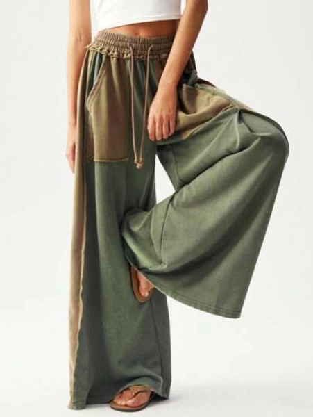 Bohemela Women's Casual Knit Patchwork Loose Wide Leg Washed Pants