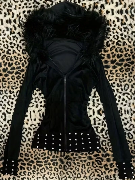  rivet fur collar hooded zipper sweatshirt - Temu
