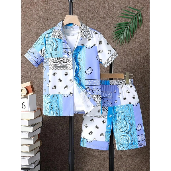 Boys' Summer Trendy Handsome Button Short Sleeve Shirt Top+ Elastic Waist Shorts Fashionable Outing Two-Piece Set, Perfect for Outdoor