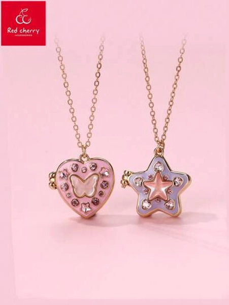 1pc Children Girls Heart & Star Shaped Zinc Alloy Pendant Necklace, Pink/Purple Oil Drop Cute Rhinestone Magnetic Clasp, Suitable For Daily Wear