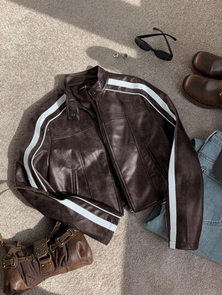 Comfortcana Women Striped Long Sleeve Casual Brown Faux Leather Motorcycle Cropped Jacket, Autumn