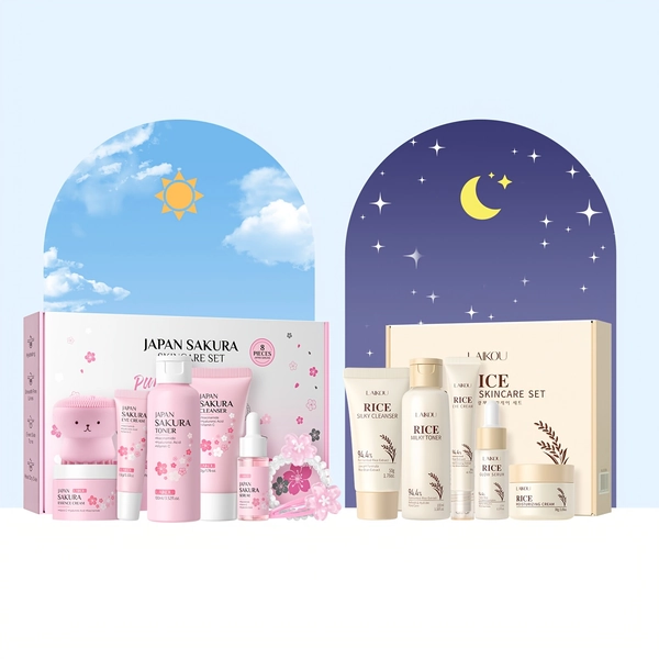 LAIKOU Day And Night Skincare Collection, Rice Skincare Set for Daytime, Sakura Skincare Set for Nighttime, Featuring Niacinamide And Vitamin C, Includes Cleanser, Toner, Serum, Eye Cream, Moisturizing Cream, Hairband, And Cleansing Brush
