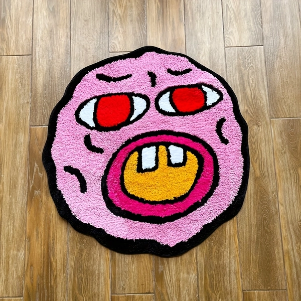LAKEA Plush Pink Explosion Head Round Mat - Soft, Non-Slip, Machine Washable, Cartoon Face Design with Red Eyes & Sharp Teeth, Perfect for Halloween Decor, Bedroom, Living Room, or Bathroom, Bathroom Decor