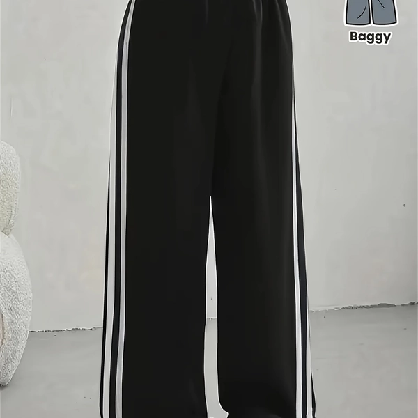 ' Casual Loose-Fit Wide-Leg Pants - All-Season Comfort, Elastic Waistband with White Stripes, Black Polyester Trousers for Casual Attire, Perfect for Outdoor, Knit, For Teenager, Teenager Baggy Trouser, Baggy Jean Teenager, Baggy Jean Ladie, Baggy Trouser, Sportive Trousers For Girl, Clothes For Teenage/girl, Pants/trousers For Girl, Sweatpants For Teen Girl, For Teenager