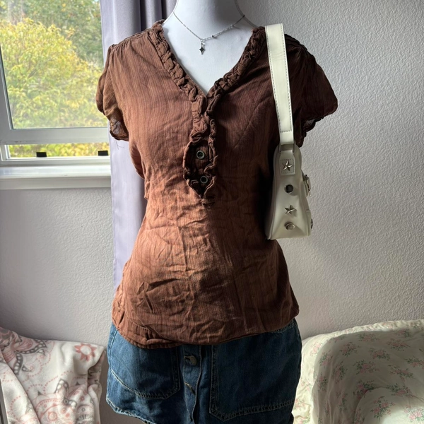 ❀ 2000s bella swan inspired light brown button up...