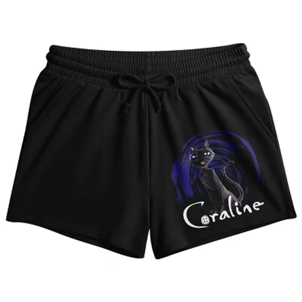 Bioworld Coraline Women's Lounge Shorts | Screen-Printed Cat Graphic | Elastic Drawstring Waist | Pull-On Style | Officially Licensed LAIKA
