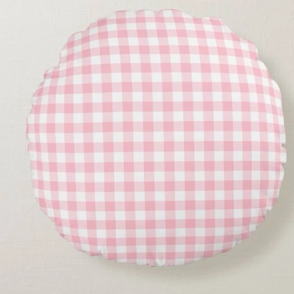 Pink and White Medium Size Gingham Checks Round Pillow
