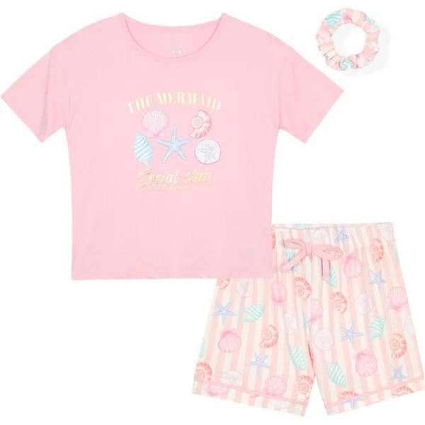 Max & Olivia Girls' 7-16 Mermaid Top Shorts & Scrunchie