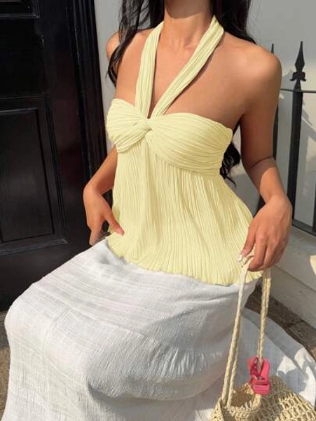 SHEIN EZwear Women's Elegant Yellow Twist-Design Backless Camisole Top For Summer