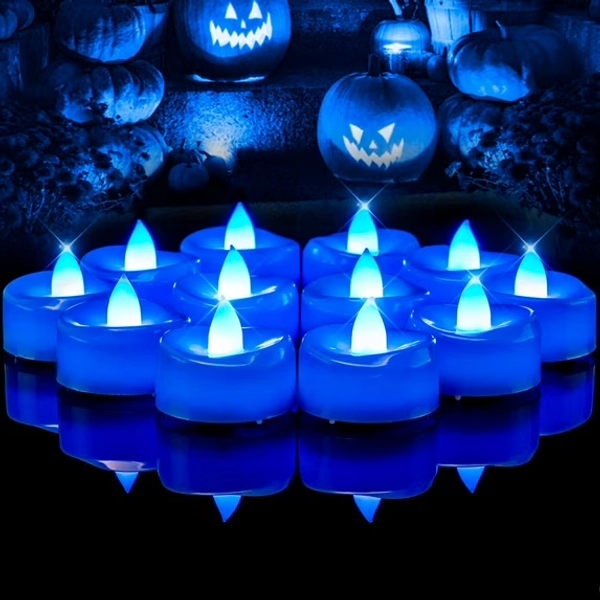 Merrynights Flameless Candles 24Pack, Tea Lights Battery Operated, Fake LED Votive Candles Flickering, Last 150+ Hours - Ideal for Halloween Christmas Party Decor - Dia 1-1/2” x H 1-1/4”- Blue Candles