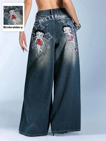 Betty Boop | ROMWE Cartoon Figure Embroidered Gothic Cross & Vine Rose Distressed Wash Oversized Y2K Jeans - Size XL