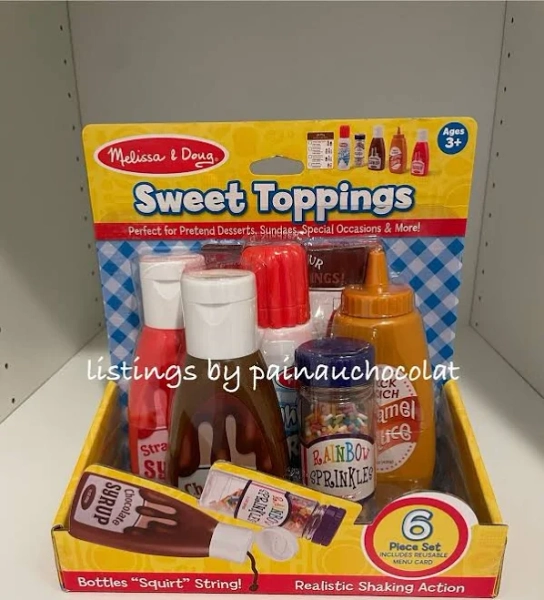 MELISSA & DOUG SWEET TOPPINGS ICE CREAM WHIP CREAM SPRINKLES SYRUP + MENU