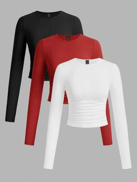 SHEIN EZwear 3pcs/Set Women's Casual Solid Color Crew Neck Ruched Long Sleeve T-Shirts, Autumn/Winter