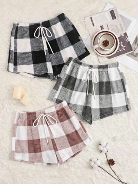 3pcs Buffalo Plaid Print Fluffy Sleep Shorts, Fall Winter Cozy Clothes