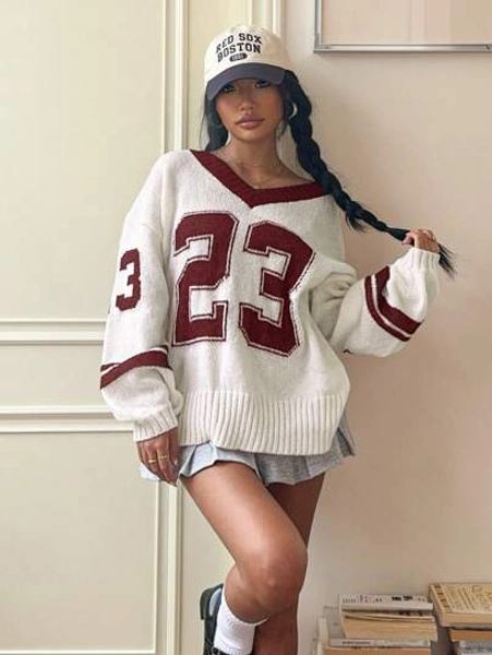 SHEIN Tween Girl Casual Comfortable Numeric Pattern V-Neck Loose Knit Sweater, Autumn/Winter Sweater, Numeric Pattern Sweater, Collegiate Style Mommy And Me Matching (2 Pieces Are Sold Separately) Fall Y2k Varsity Sweater