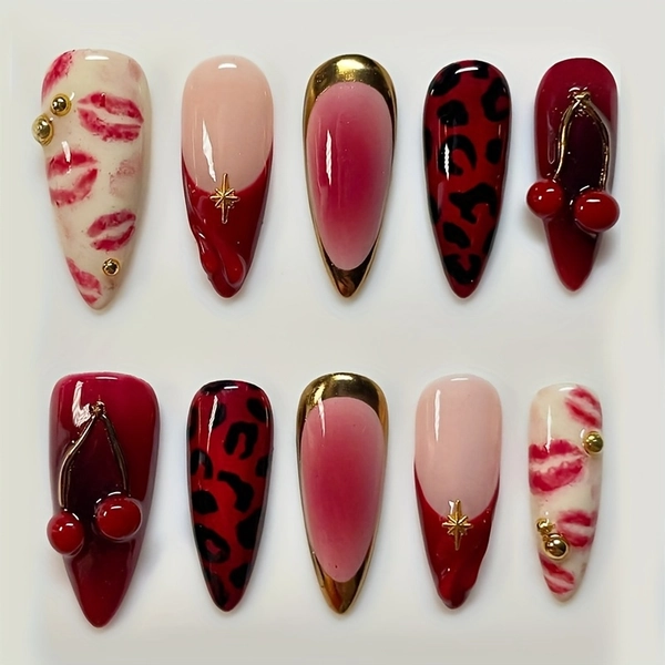 30pcs Handmade Press on Nails - Almond Medium Red Cherry 3D Leopard Print Acrylic Fake Nails with Glossy Finish, Full Cover Stick-On Nails for Women & Men, Autumn Winter Manicure Kit, Nail Art Supplies, Nail Accessories, Manicure Essentials