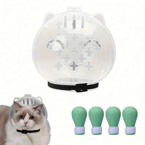 Cat Grooming Set: Breathable Anti-Bite Mask, Hat, And 4 Paw Protectors; Adjustable Transparent Astronaut Helmet And Pet Foot Covers, Suitable For Bathing, Nail Trimming, And Vet Visits - Pet Supplies, Lightweight Design - Size Small