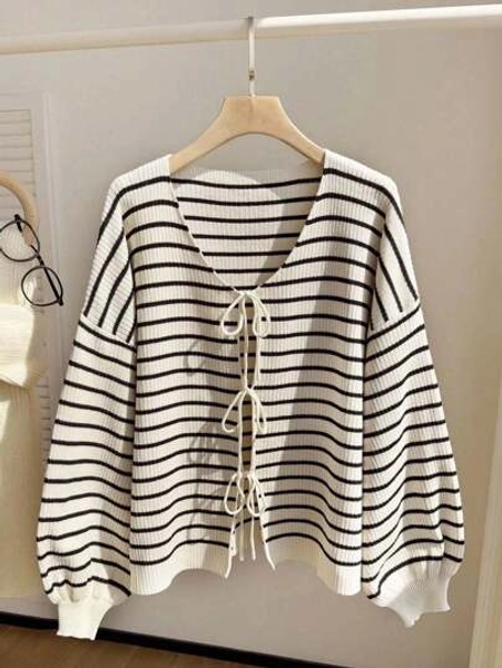 Comfortcana Plus Size Women Casual Striped Tie Knot Front Loose Cardigan, Autumn/Winter Striped Knit Top Women Summer Tops Fall