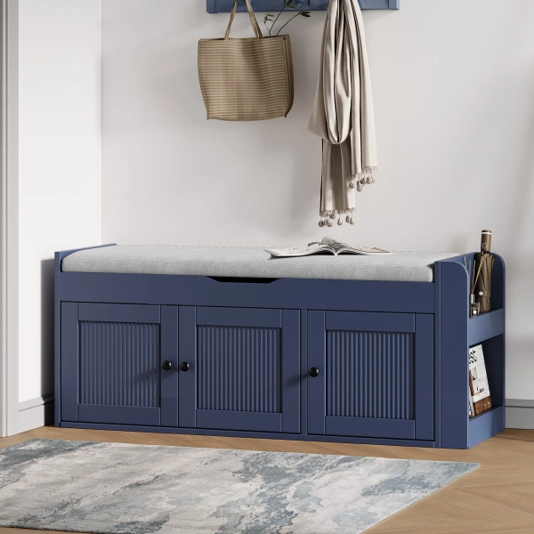 42.6" Modern Farmhouse Storage Bench With Cushion, Upholstered Shoe Bench With Shelf For Entryway, Mudroom, Hallway