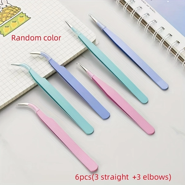 6-Pack Macaron Color Craft Tweezers, Stainless Steel Precision Tools for Scrapbooking, Nail Art, Stickers &amp; DIY, Non-Electric, Unscented, Mixed Colors