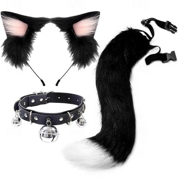 Handmade Furry Cat Ears Headband and Tail Set