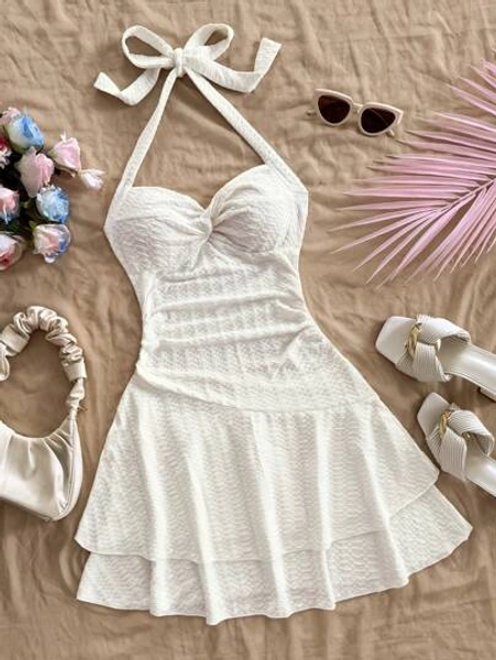 Soleia Vacation Tie Neck Twist Waist Double Layered Hem Mini Dress, Red & White Color, Suitable For Holiday, Date, Afternoon Tea, Music Festival, Bohemian Style, Spring/Summer,Summer Dresses For Women,White Dresses For Women