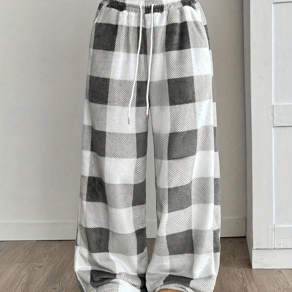 Zhongda Girls' Casual Front Lace-Up Plaid Pocket Pants - Geometric Pattern, Non-Stretch Fabric, Regular Fit, Fall/Winter Collection, Casual Attire, for Outdoor, For Teenager