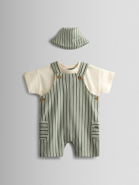 Green 3-Piece Stripe Dungarees & T-Shirt Set with Hat