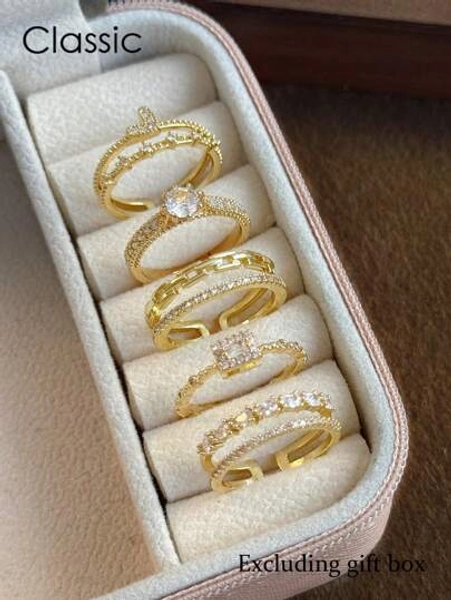5pcs Set Minimalist Luxury Fashion Elegant Unique Personal French Classic Daily Party Copper Micro-Inlaid Cubic Zirconia Versatile Rings For Women