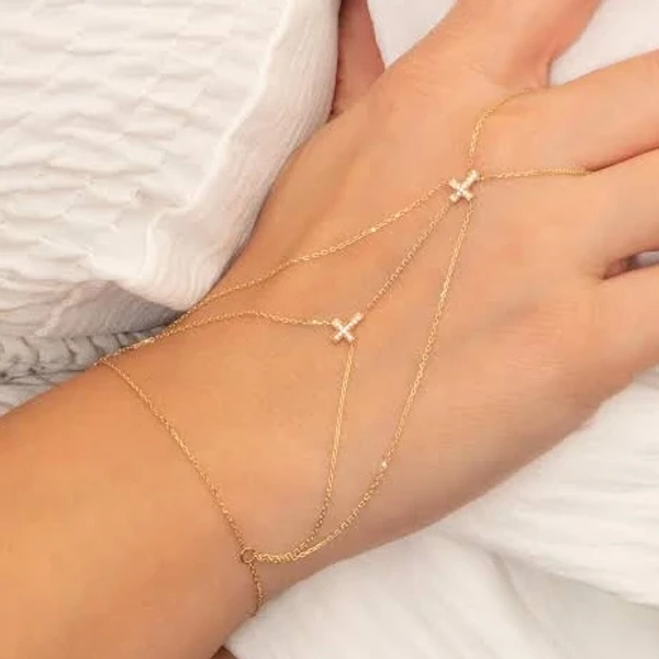 14k/18k Solid Gold Pave Diamond Cross Hand Chain Bracelet