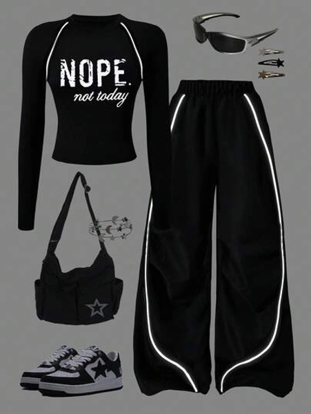 Tween Girls Casual Versatile T-Shirt And Pants Set, Letter & Number Print Long Sleeve Crew Neck Top With Wide Leg Pants, Suitable For School, Commute, Walking, Shopping, Outings, Can Be Paired With Jackets, Coats, Puffer Coats