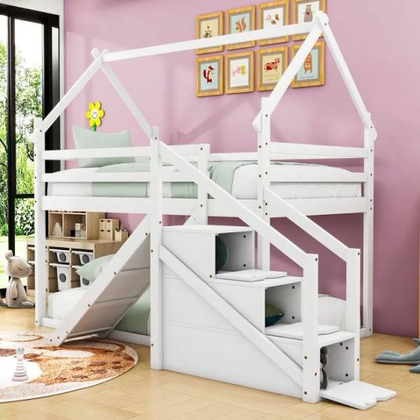 Harper Orchard Twin Over Twin House Bunk Bed with Slide and Staircase