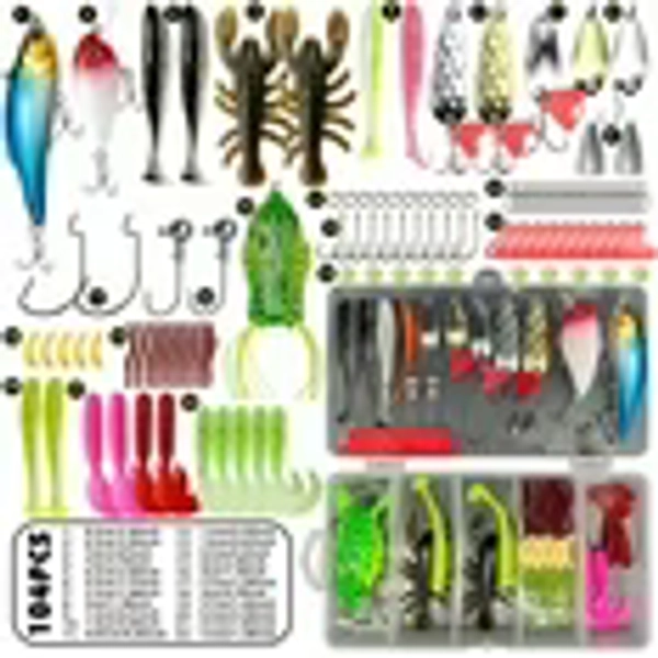 SOFTGAS 104 Pcs Fishing Lures Kit Set, Baits Tackle Including Crankbaits, Topwater Lures, Spinnerbaits, Worms, Jigs, Hooks, Tackle Box and More Fishing Gear Lures for Bass Trout