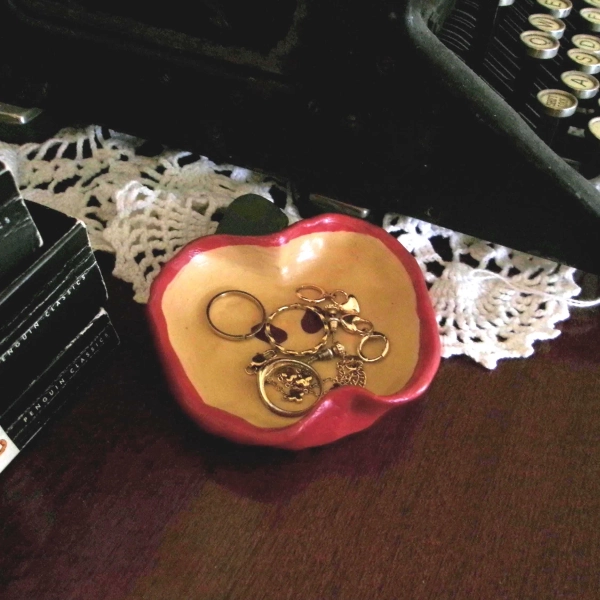 Handmade Apple Jewelry Dish: Clay Trinket Bowl, Fall Decor
