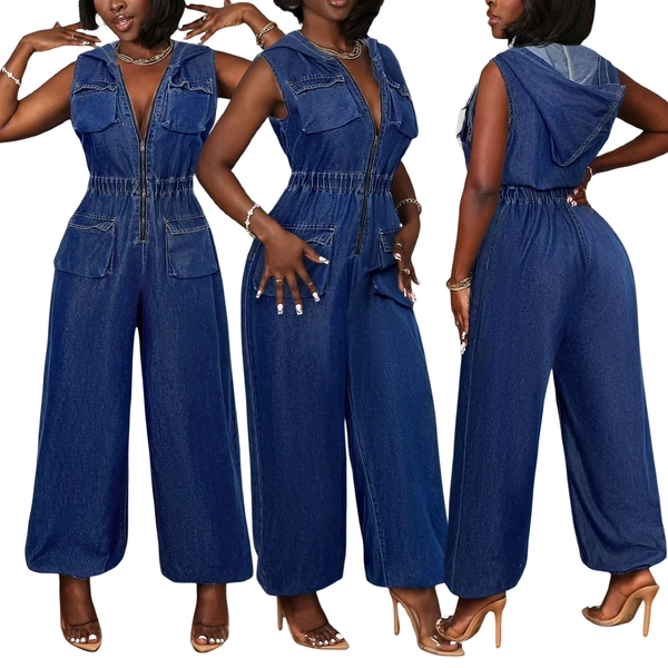 Denim Jumpsuits Women Vintage One Piece Jeans Cargo Leg Pants Hooded Washed Streetwear Sleeveless Zipper Elastic Waist Trousers - AliExpress 200000345