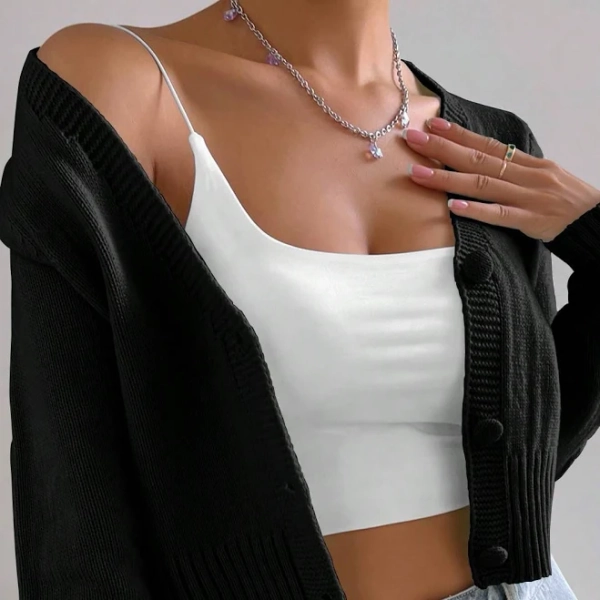 Flirla Women's Solid Button Front Crop Long Sleeve Cardigan