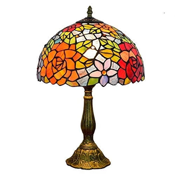 Tiffany Lamp Stained Glass Style Two Color Rose Bedside Table Lamp 12" Wide 19" Tall for Bedroom Living Room Home Office