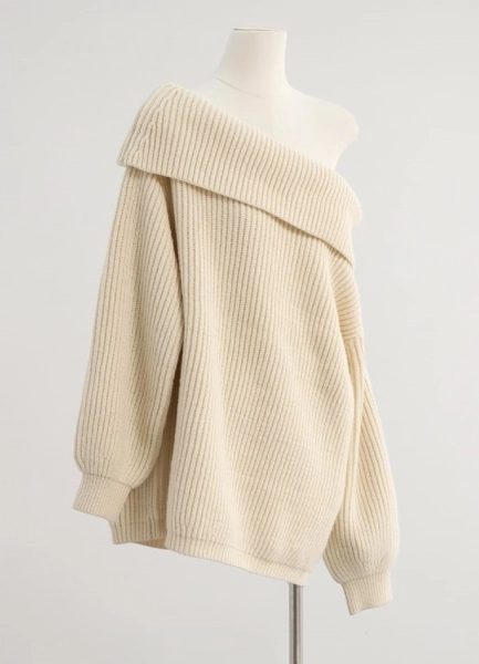 Beige Off-Shoulder Ribbed Sweater | Jennie - BlackPink - Fashion Chingu
