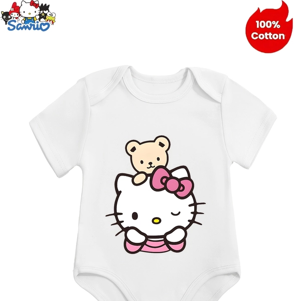 [Sanrio] Newborns "Hello Kitty Holding a Bear Toy" Printed Baby Onesie, Soft, Comfortable, Cute, Baby Girls Clothes, 0 - 12 Months Old Newborns Onesie, for Outdoor