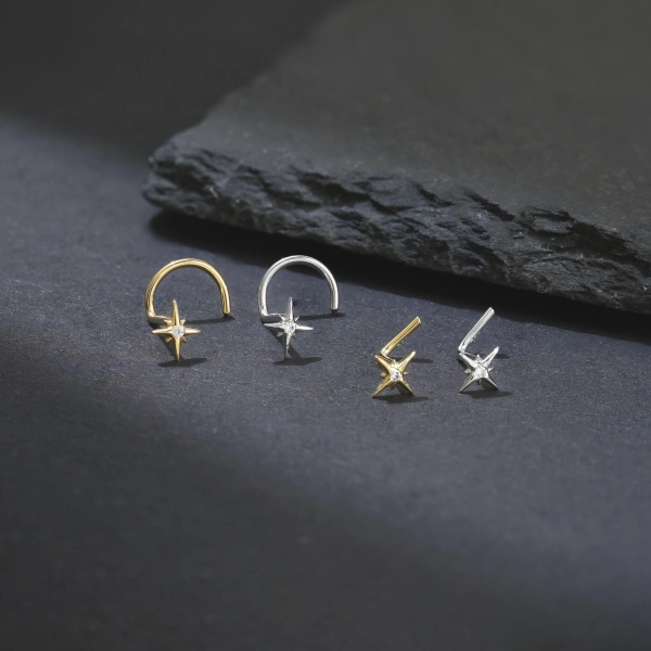 14K Gold Plated North Star with CZ Nose Stud, 925 Sterling Silver Celestial S-shaped/L-shaped  Nose Ring, 925 Silver Polaris Nose Piercing