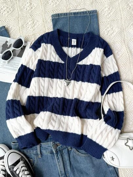 SHEIN Tween Girls' Stripe Contrast Color Twist Rope V-Neck Lantern Sleeve Loose Fit Pullover Sweater, Suitable For Autumn/Winter And Outdoor Wear Fall